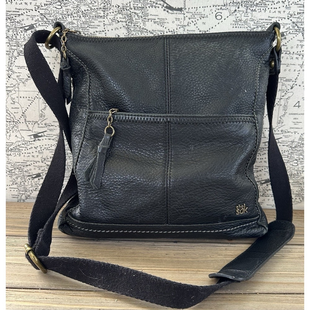 The Sak Black Leather Crossbody with Tassel Zip Pocket